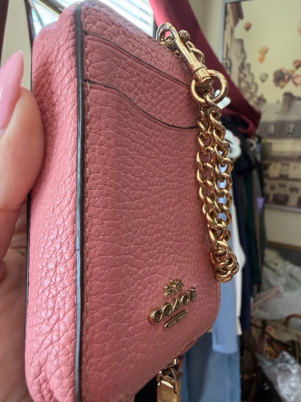 Coach Pink Pebbled Leather Card Holder Wallet Wristlet gold Chain Id 🪪 holder - Picture 14 of 17